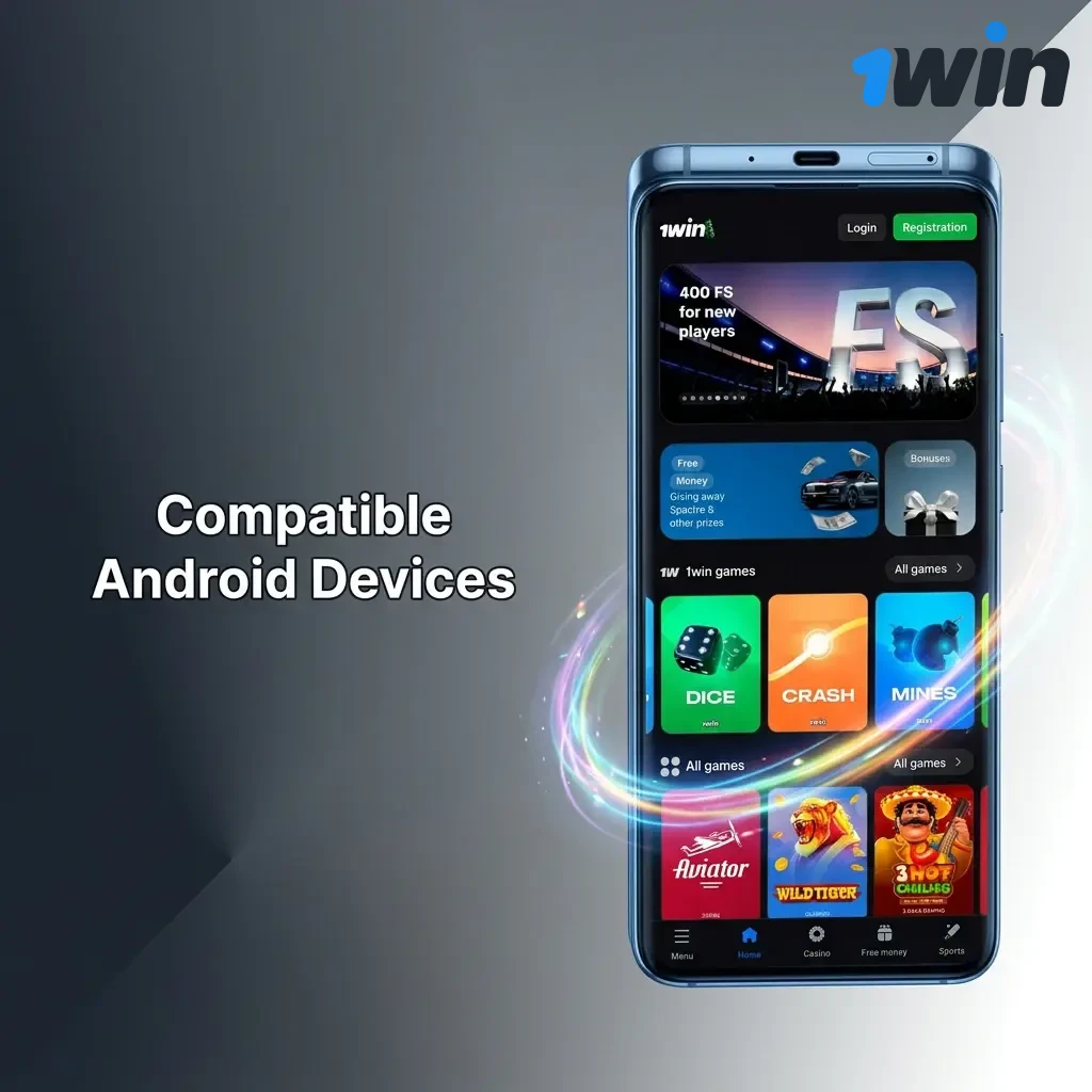 Compatible Android devices for 1win mobile app in India including Samsung, Redmi, Realme, Vivo, OnePlus, OPPO, Poco, Motorola