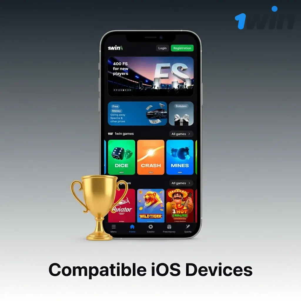 List of compatible iOS devices for 1win app including iPhone X to 15 series and iPad models from 7th generation onwards