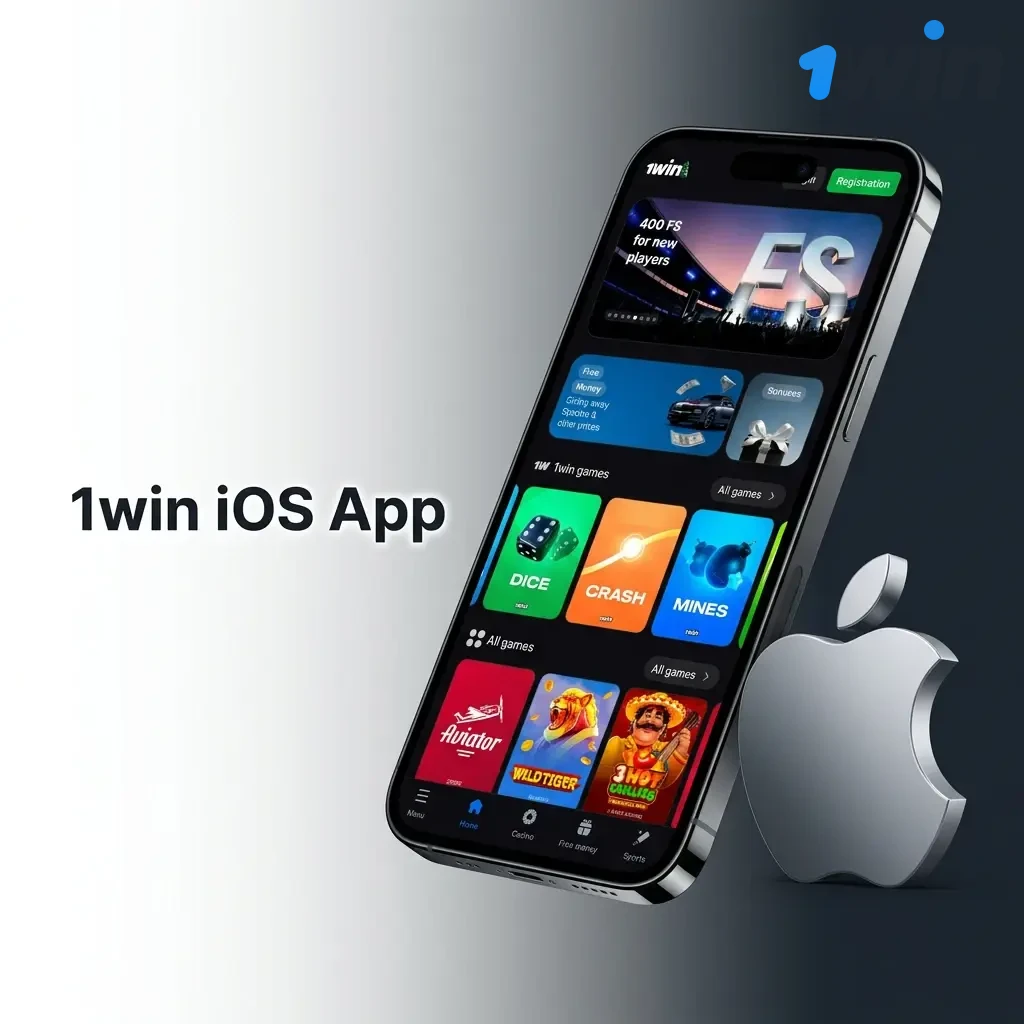 1win iOS app interface on iPhone and iPad showing sports betting and casino games on a sleek mobile screen
