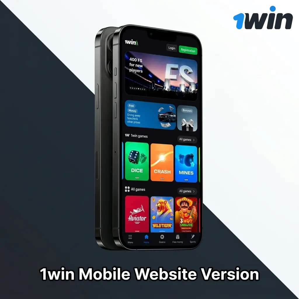 1win mobile website version open on a smartphone browser showing sports betting and casino game options
