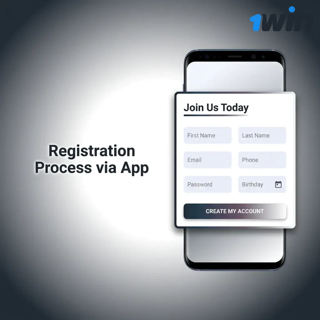 1win app registration process steps for Indian users showing account setup with phone, email or social media options