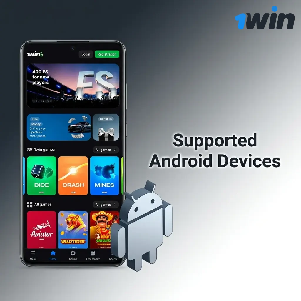 Supported Android devices for 1win PWA including Samsung, Xiaomi, OnePlus, Realme, Oppo, Vivo, Motorola and Google Pixel