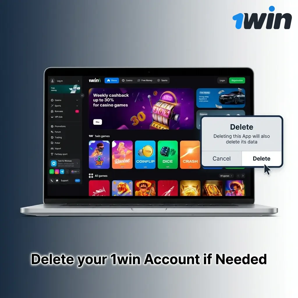 Steps to delete your 1win account including login, settings navigation, submitting a deletion request, and confirmation