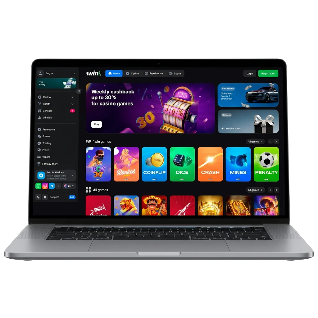 1win desktop app for PC showing casino games, sports betting, slots on Windows and MacOS interface