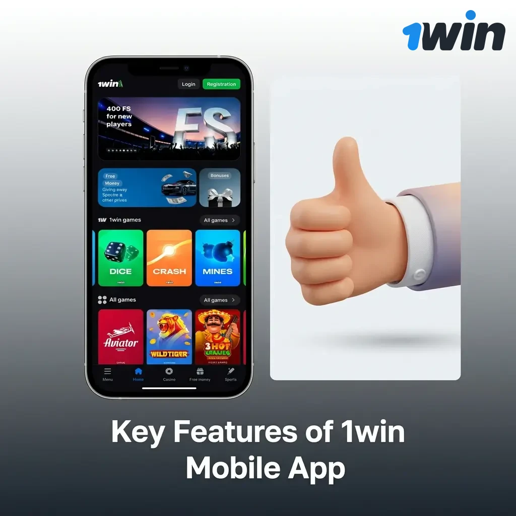 Key features of 1win mobile app including UPI payments, live betting, crash games, and 24/7 support for Indian players