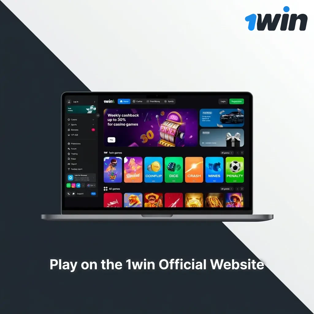 1win official website interface showing betting markets, casino games, and live dealer tables accessible via browser